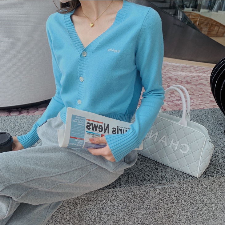 Áo cardigan SUXI dệt kim tay dài cổ chữ V màu trơn phong cách Hàn Quốc thời trang