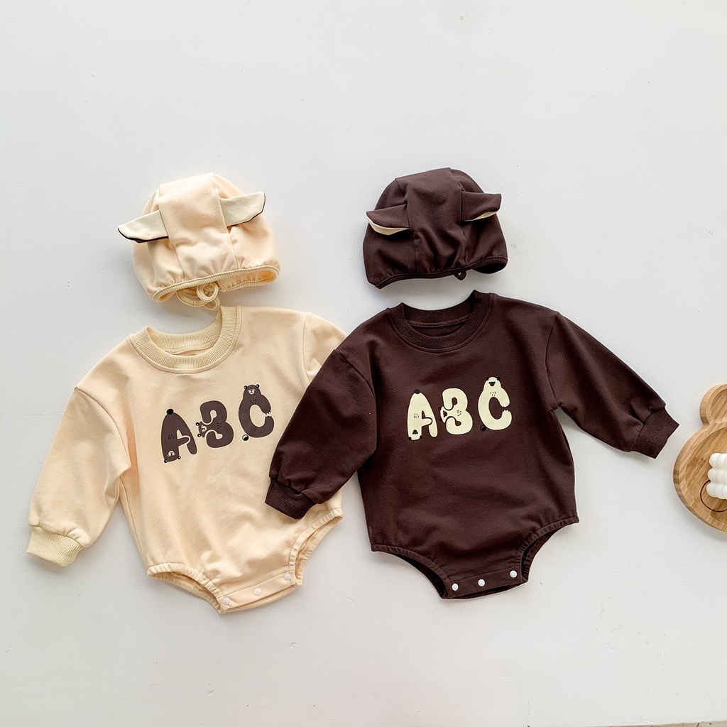 Set áo liền quần tay dài in chữ ABC kèm mũ dễ thương cho trẻ sơ sinh