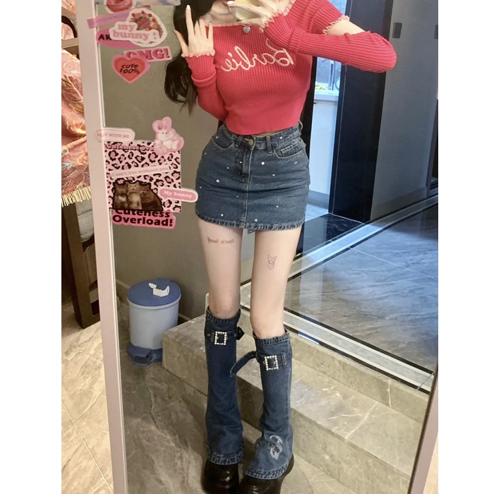 Set Áo Len Ngắn Trễ Vai Kèm Chân Váy Denim Chữ A Lưng Cao Thời Trang Cho Nữ