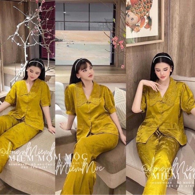 pijama satin lụa cao cấp Quảng Châu mã chìm vàng