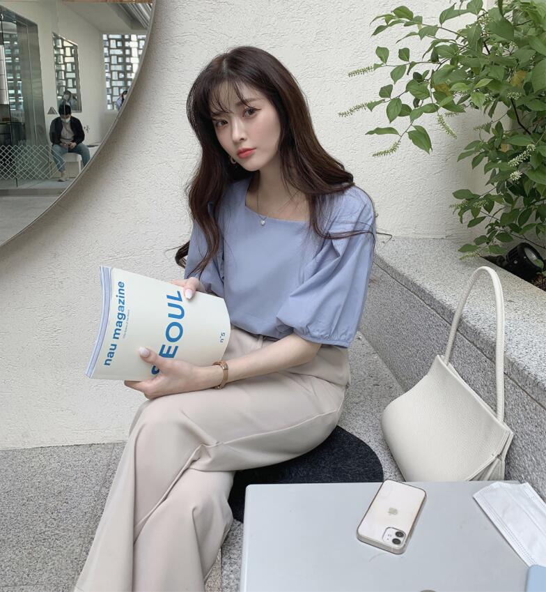 SUXI Áo kiểu cổ vuông tay ngắn phong cách Hàn Quốc thời trang xinh xắn dành cho nữ