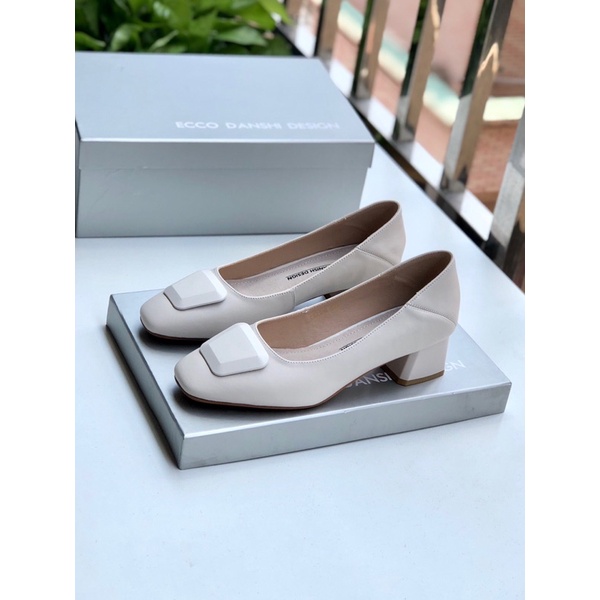 Giày búp bê mũi vuông gót cao 3cm thương hiệu Ecco da thật cao cấp màu đơn giản dễ phối đồ