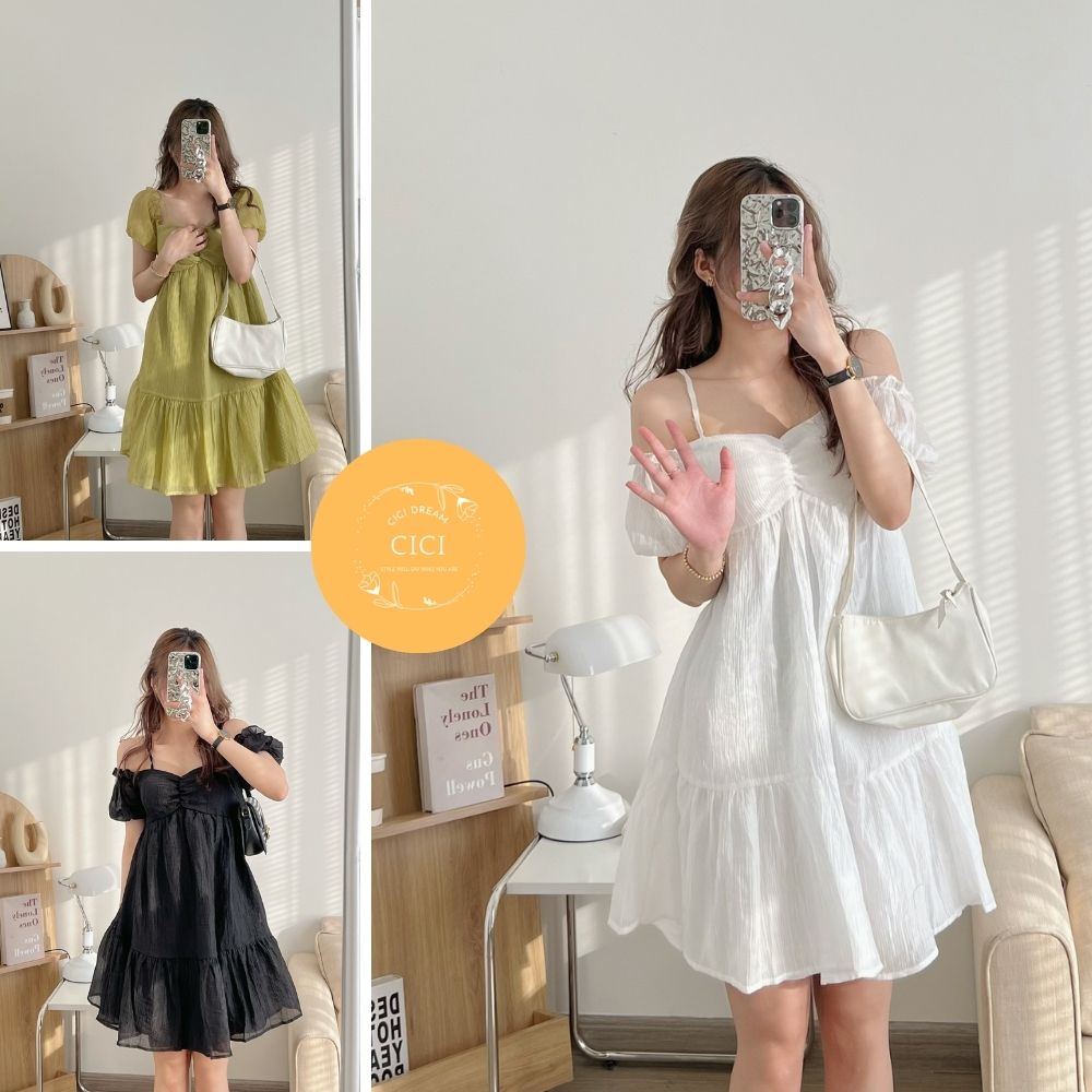 Đầm 2 dây  trễ vai dúm ngực có mút ngực chun sau- D012