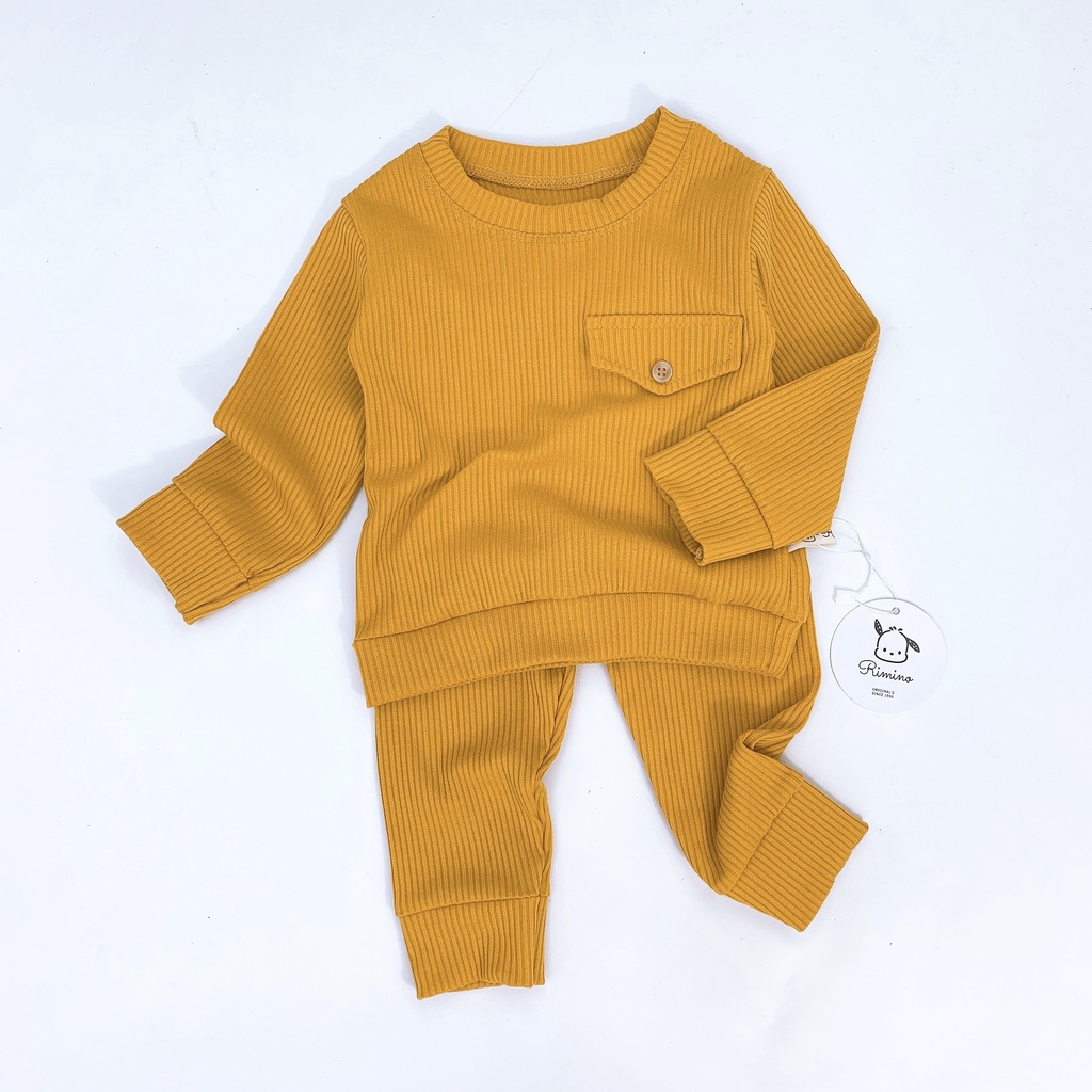 [SALE] Bộ Quần Áo Bé Gái, Bé Trai KIMCHIBABY Vải Thun Gân Đính Cúc Nắp Ngực, Đồ Bộ Cho Bé Mặc Nhà Thu Đông KWTD2216
