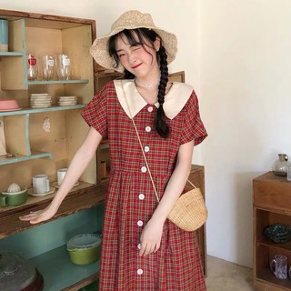 [Thanh Lý] D117 - Đầm Bigsize Đỏ Caro Cổ Trắng