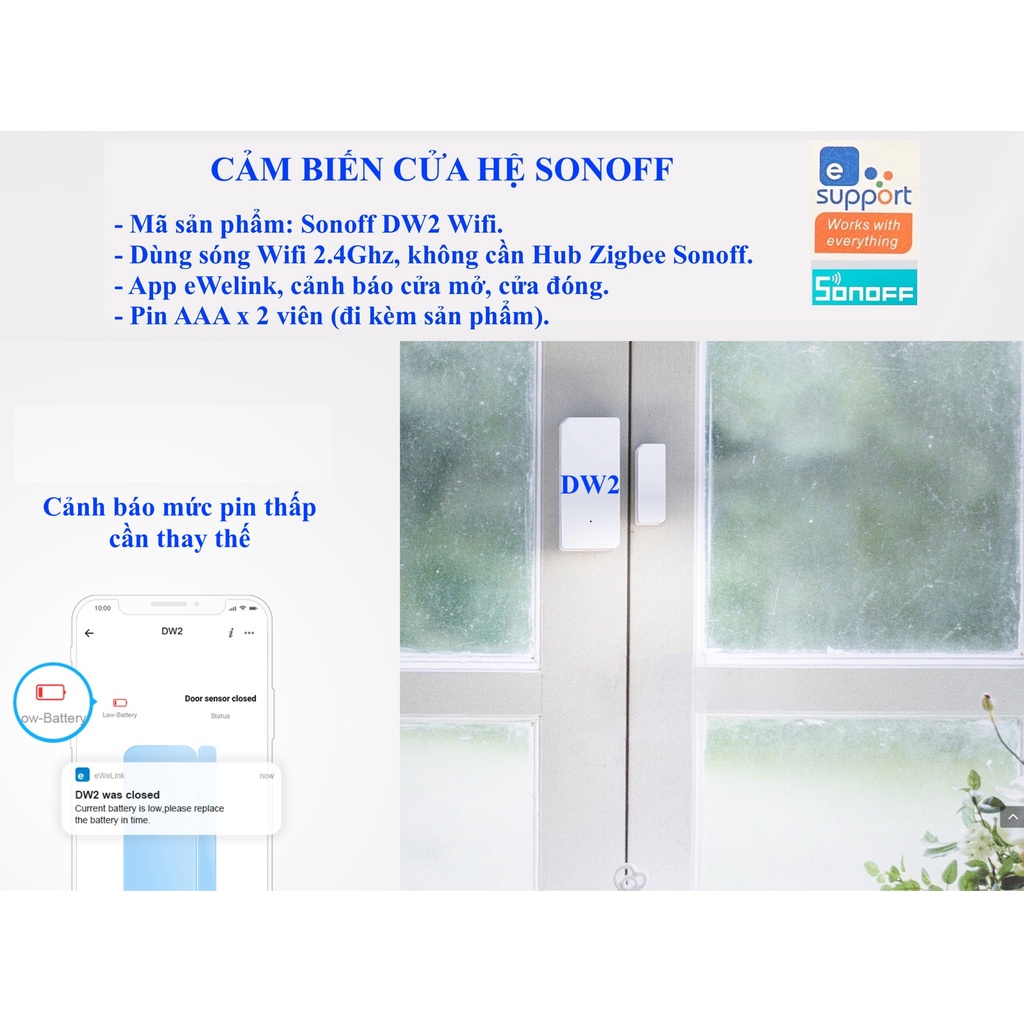 Cảm biến cửa Sonoff DW2 kết nối Wifi, App eWelink, GoogleAssistant, Alexa, Home Assistant.