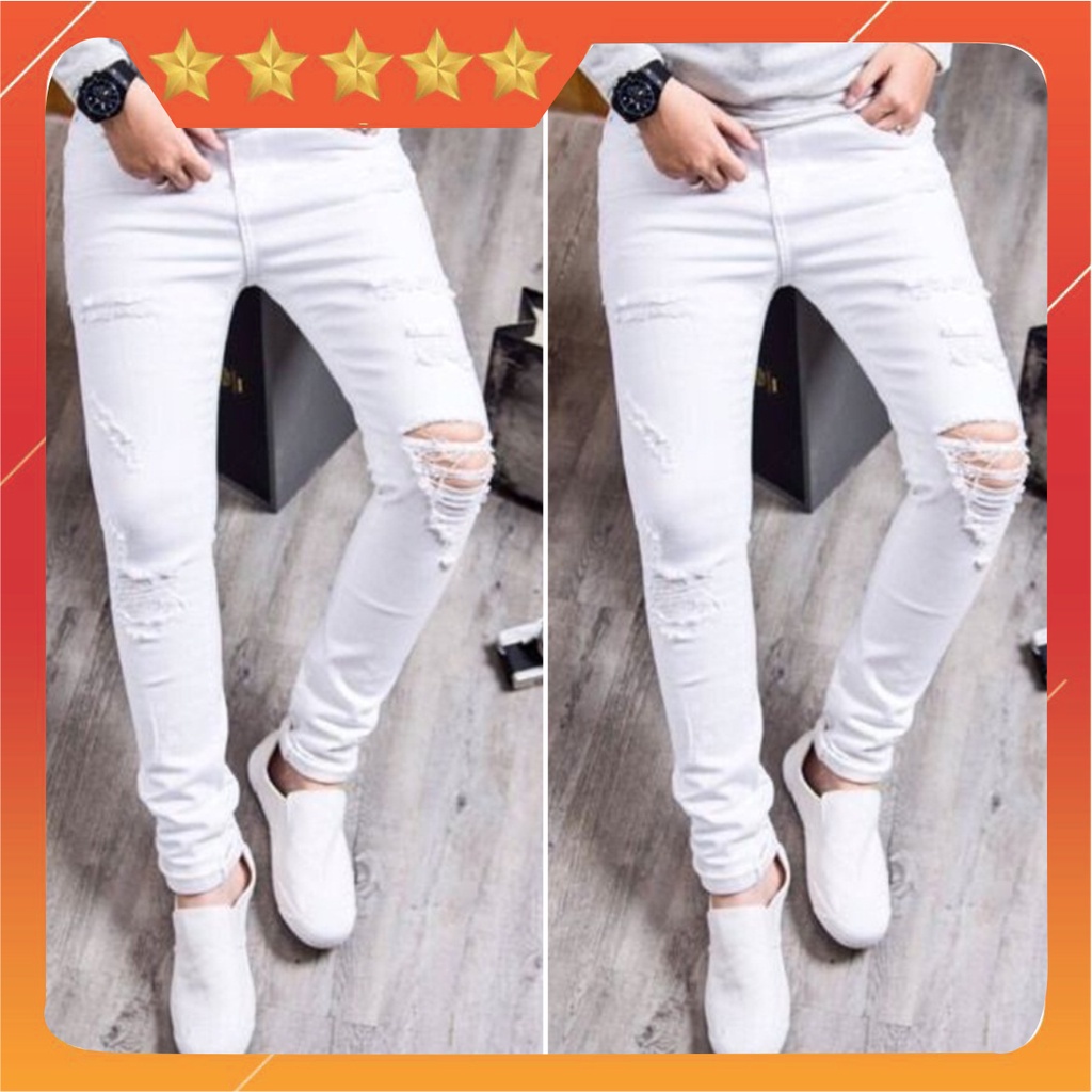 Quần jean nam chất bò rách gối xước nhẹ 2 màu (trắng,đen) chuẩn form cao cấp DV-FASHION | BigBuy360 - bigbuy360.vn