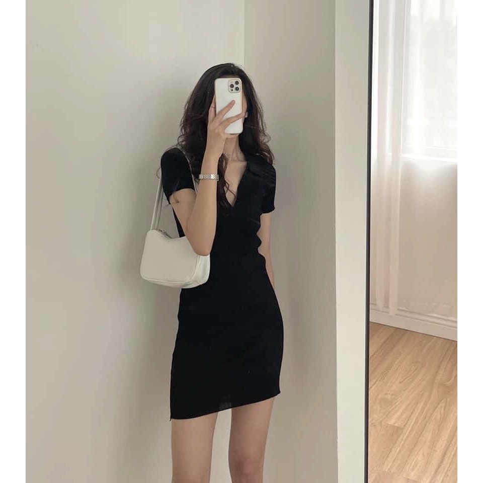 Váy Thun Tăm Cổ Bẻ 4 Màu Nữ [FREESHIP] 🌸 Đầm tay lỡ cổ V dáng ôm body dự tiệc bánh bèo tiểu thư Ulzzang 🌸