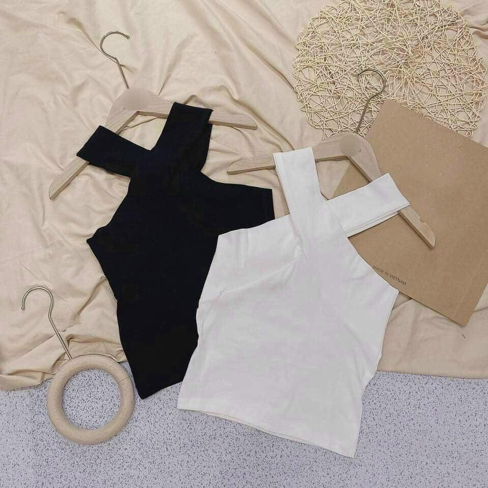 Áo Croptop Chất Liệu Bozip Body Vạt Chéo Vạt Cổ Unisex - Áo Croptop Dáng Ôm Đen Trắng Mặc 2 Kiểu