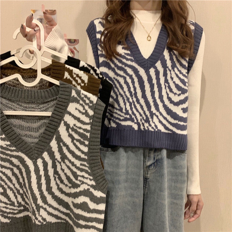 Áo len không tay cổ chữ v dáng rộng in họa tiết ngựa vằn thời trang mùa đông cho nữ