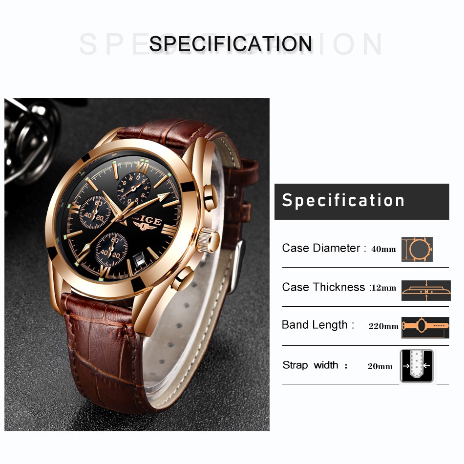 LIGE Đồng hồ đeo tay nam Thời trang Casual Analog Quartz Không thấm nước Chronograph dạ quang Da thể thao Đồng hồ đeo tay