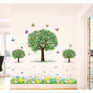 Decal dán tường cây xanh chân cỏ hoa
