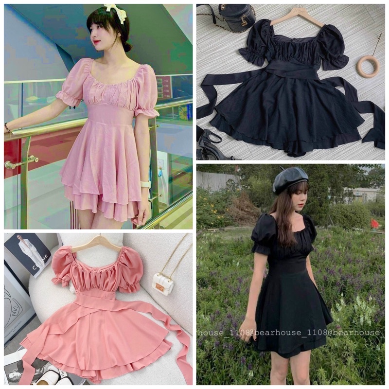 [FREESHIP] Jump ngắn xếp ly ngực cột nơ eo bèo tầng màu đen/hồng NÀNG CLOSET