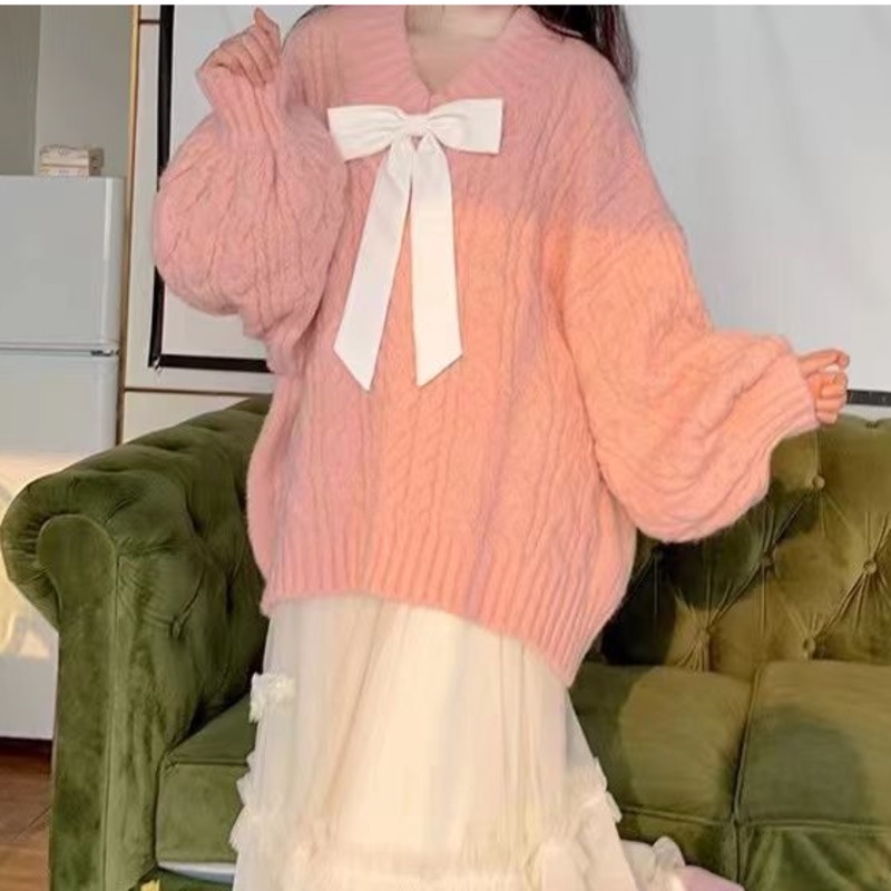 Áo Sweater Cổ V Dáng Rộng Màu Hồng Thời Trang Mùa Thu Cho Nữ