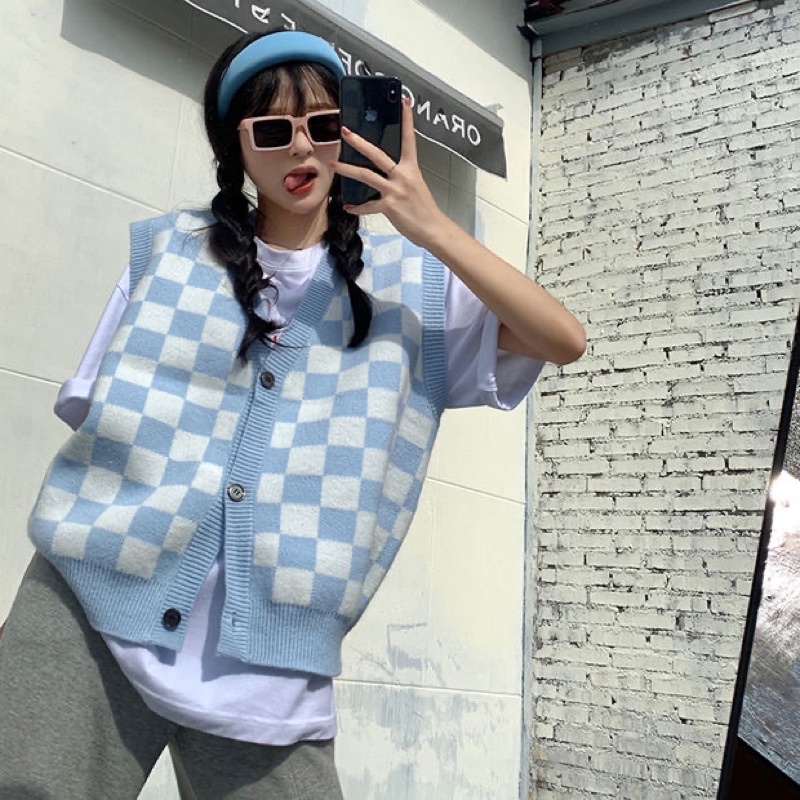 Áo khoác Cardigan Gile len nữ cổ chữ V màu xanh và đen kẻ caro phom rộng đồ đôi | BigBuy360 - bigbuy360.vn