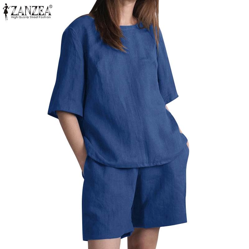 Zanzea Set Áo Thun Tay Lỡ Cổ Tròn + Quần Short Thời Trang Cho Nữ