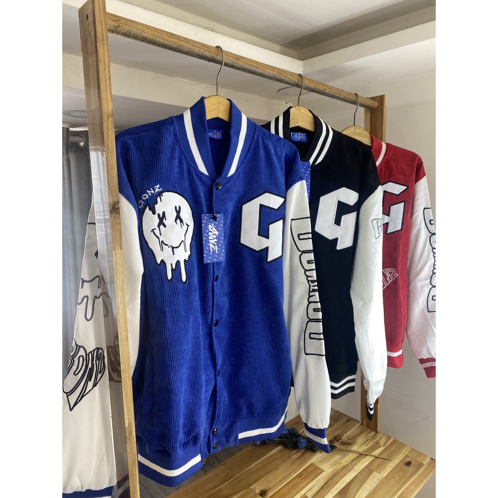Áo Khoác Varsity nam nữ , Gonz Bóng chày .Unisex Form rộng nhung tăm 2 lớp Hình thêu 100%3 màu