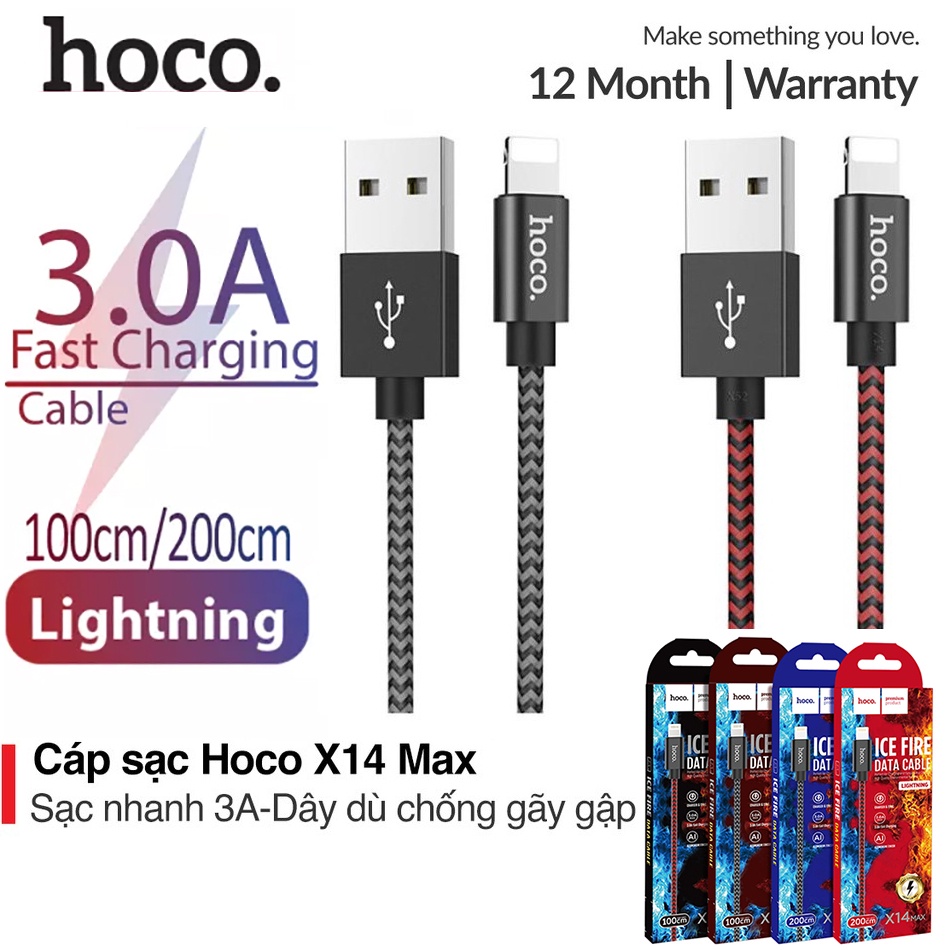 ⚡NowShIPMới⚡ Cáp Sạc Nhanh  Chống Gãy + Đứt  Dây 1 2M Hoco X14 Max 3A 18W Type C Micro IPAndroid tablet táo