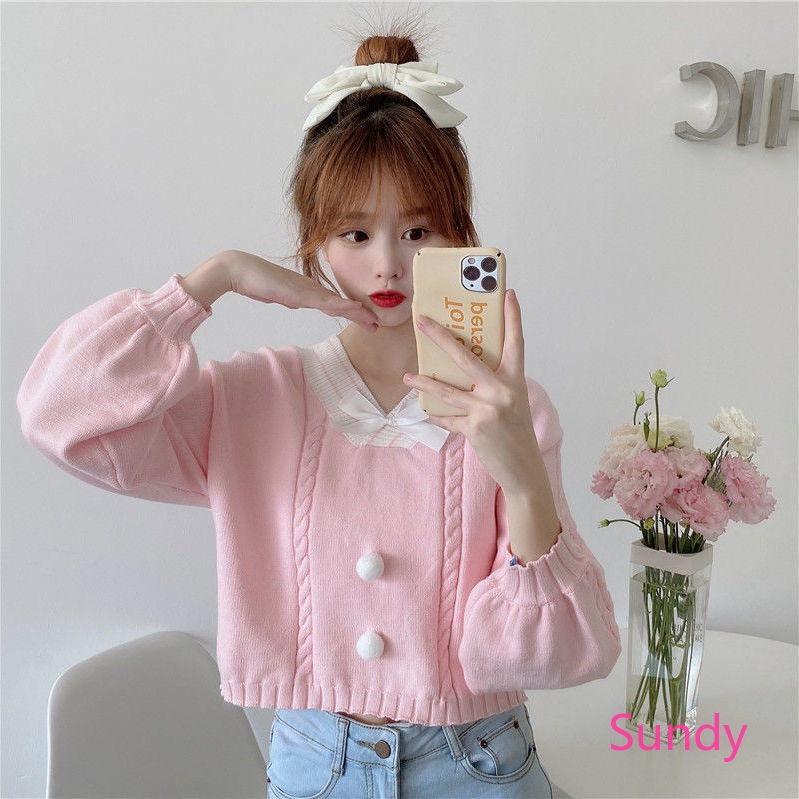 Áo Sweater Dáng Rộng Cổ Chữ V Phối Nơ Xinh Xắn Theo Phong Cách Mùa Thu