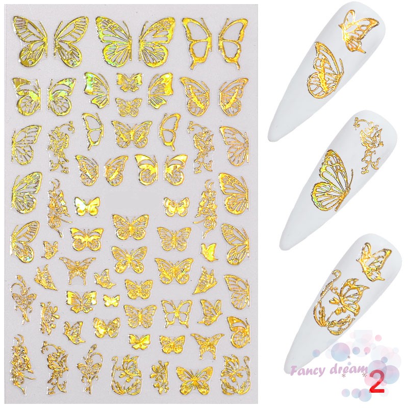Miếng Dán Trang Trí Móng Tay Nghệ Thuật Hình Bướm Màu Vàng / Bạc Cho Nữ