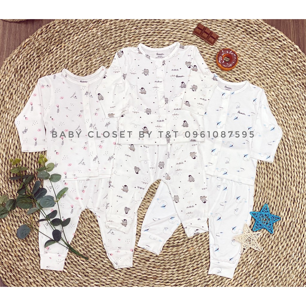 [CHÍNH HÃNG]Bộ dài tay khuy chéo quần dài chất sợi tre sơ sinh họa tiết Avaler