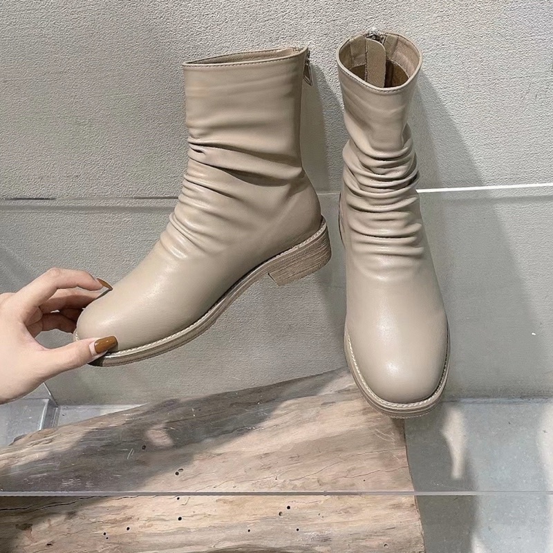 Boots nữ boot cao cổ nhăn bốt đế bệt mũi tròn da lì mềm kéo khoá sau thời trang