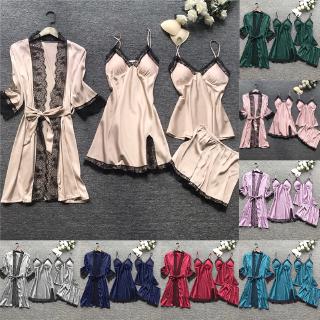 Set Đồ Ngủ 4 Món Bằng Lụa Satin Phối Ren Quyến Rũ Dành Cho Nữ