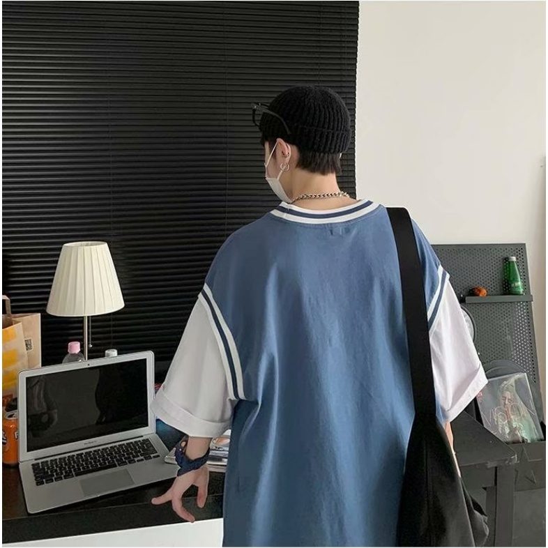 Áo Thun Tay Ngắn Giả Hai Lớp Form Rộng In Họa Tiết Hoạt Hình Phong Cách Hip Hop Hàn Quốc Cho Nam