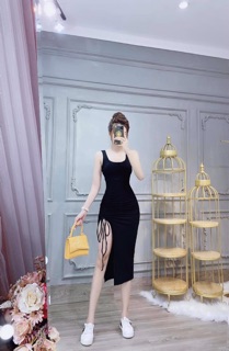 Đầm thun ba lỗ rút dây xẻ đùi