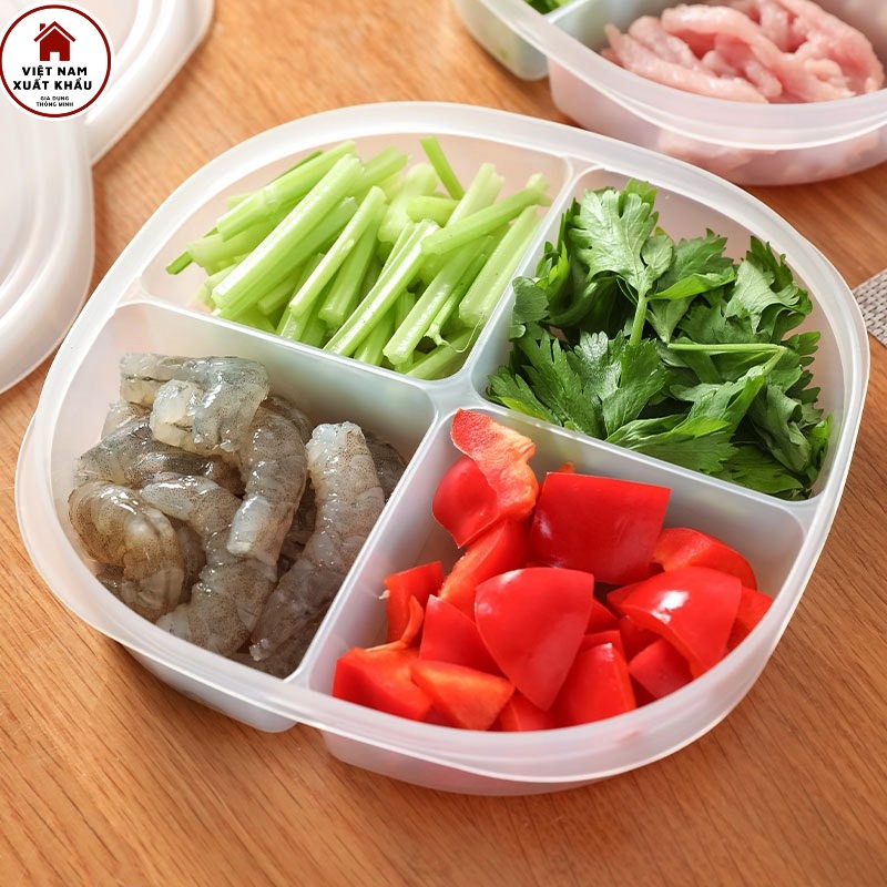 Hộp Đựng Thực Phẩm Nắp Dẻo 4 Ngăn, Khay Nhựa Chia Ngăn Bảo Quản Thức Ăn