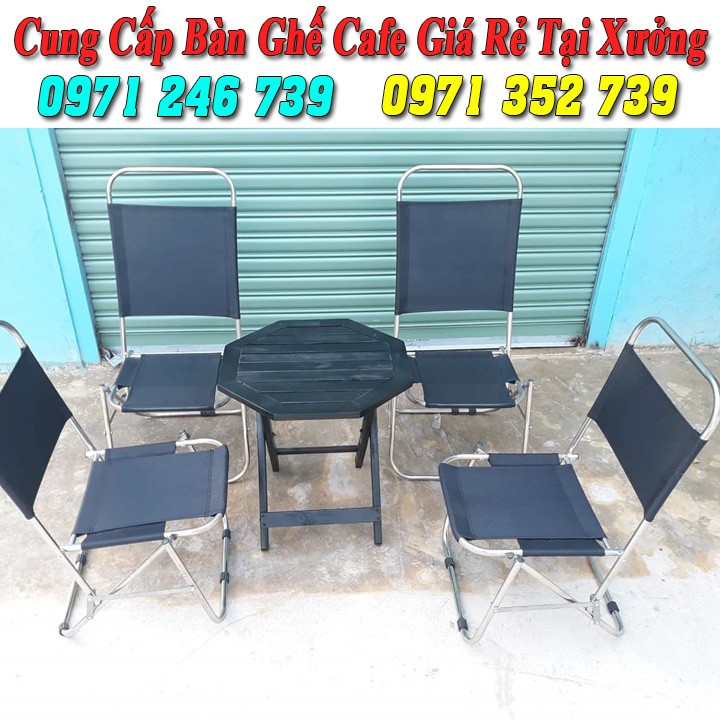 Bộ bàn ghế xếp cafe quán cóc (4 ghế inox lưng cao + 1 bàn bát giác màu đen)