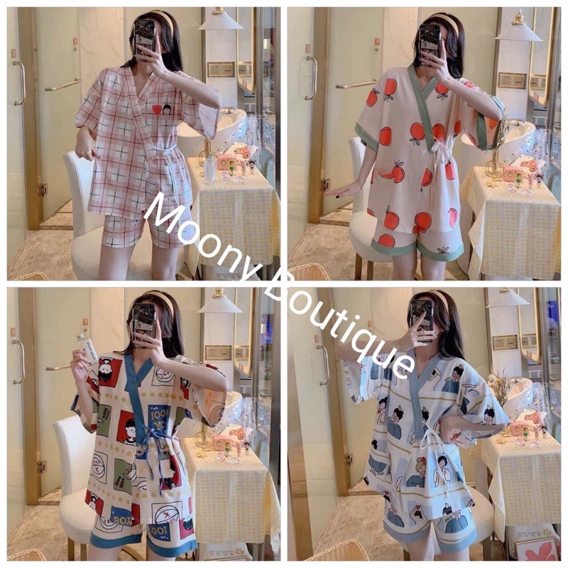 Set Bộ Pijama Lụa Ngủ Nữ Áo Ngắn Tay Kèm Quần Short Dây Eo Họa Tiết Icon SIêu Xinh