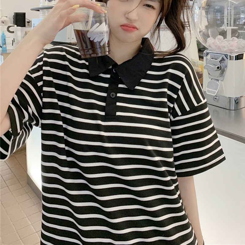 SUXI Áo polo Ngắn Tay Họa Tiết Kẻ Sọc Đen Trắng Phong Cách Vintage Dễ Phối Đồ