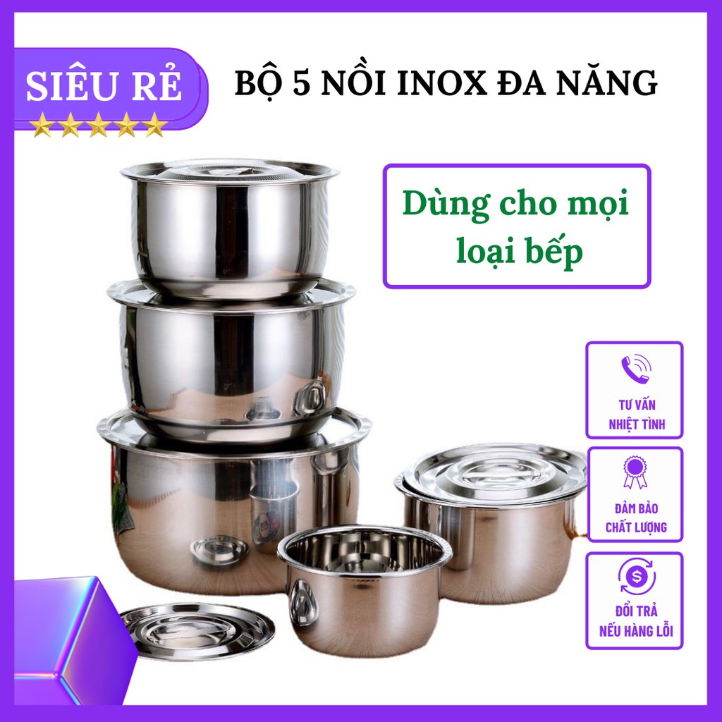 Bộ 5 Nồi Inox Kích Thước 16-24 Cm Dùng Được Cho Cả Bếp Từ