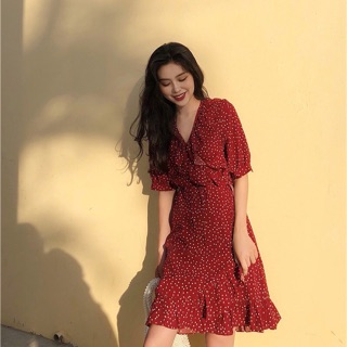 VÁY CỔ V CHẤM BI 2 màu trắng - đỏ