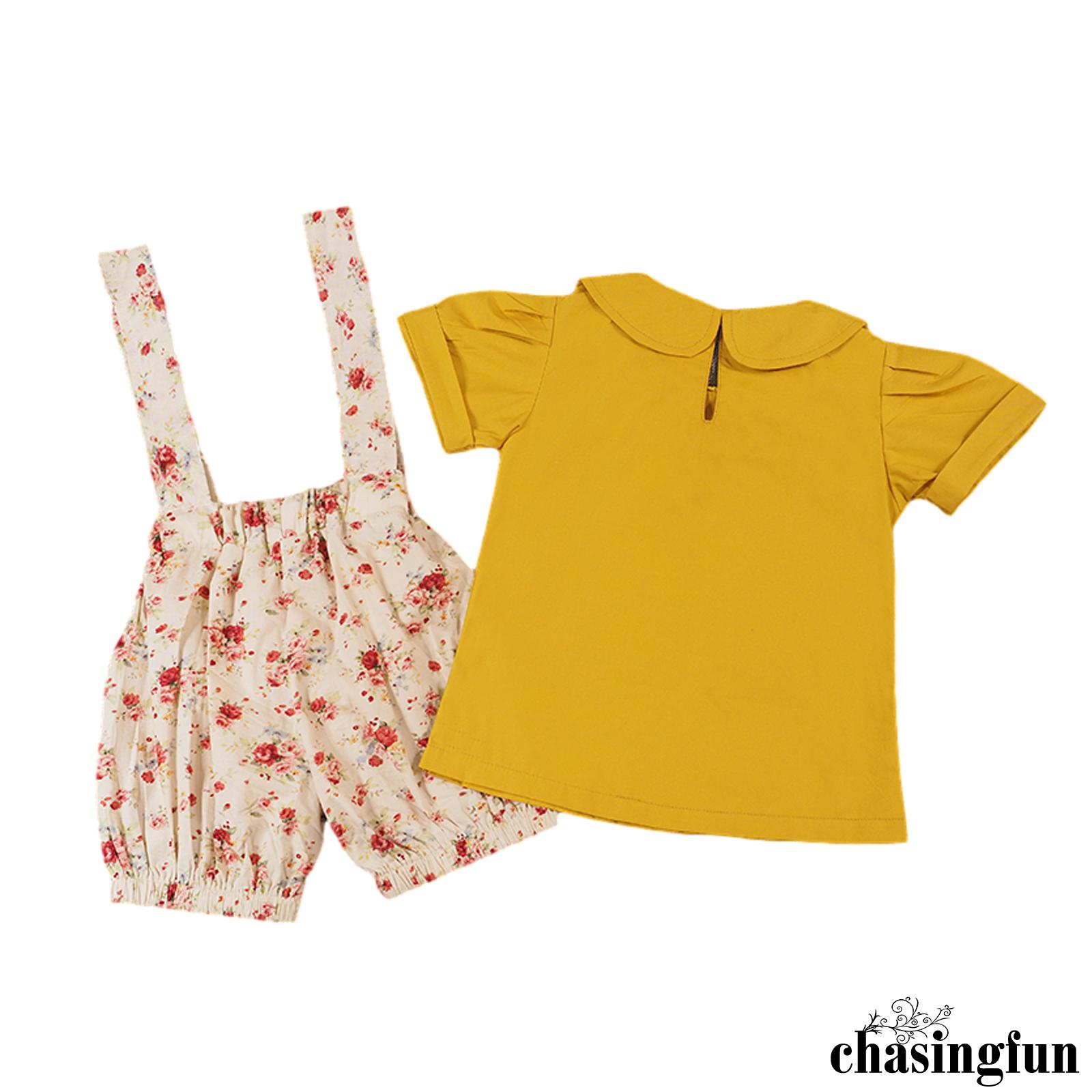 CHF-Baby Girl Clothing Set Short Sleeve Doll Collar Yellol T-shirt + Floral Suspender Shorts