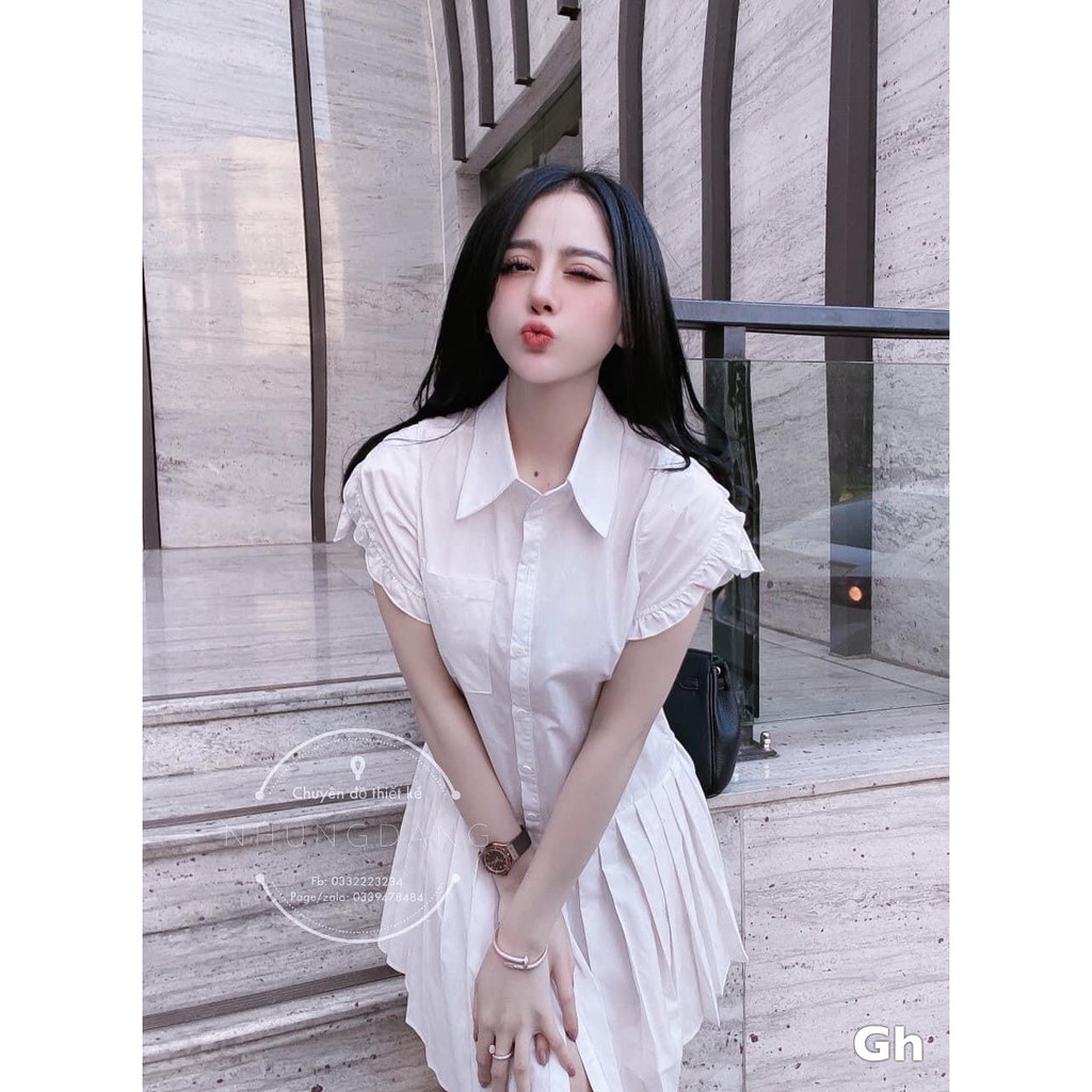 Đầm babydoll trắng cổ sơ mi chân váy đuôi cá xếp li Freesize 42-60kg  - XungStore | BigBuy360 - bigbuy360.vn