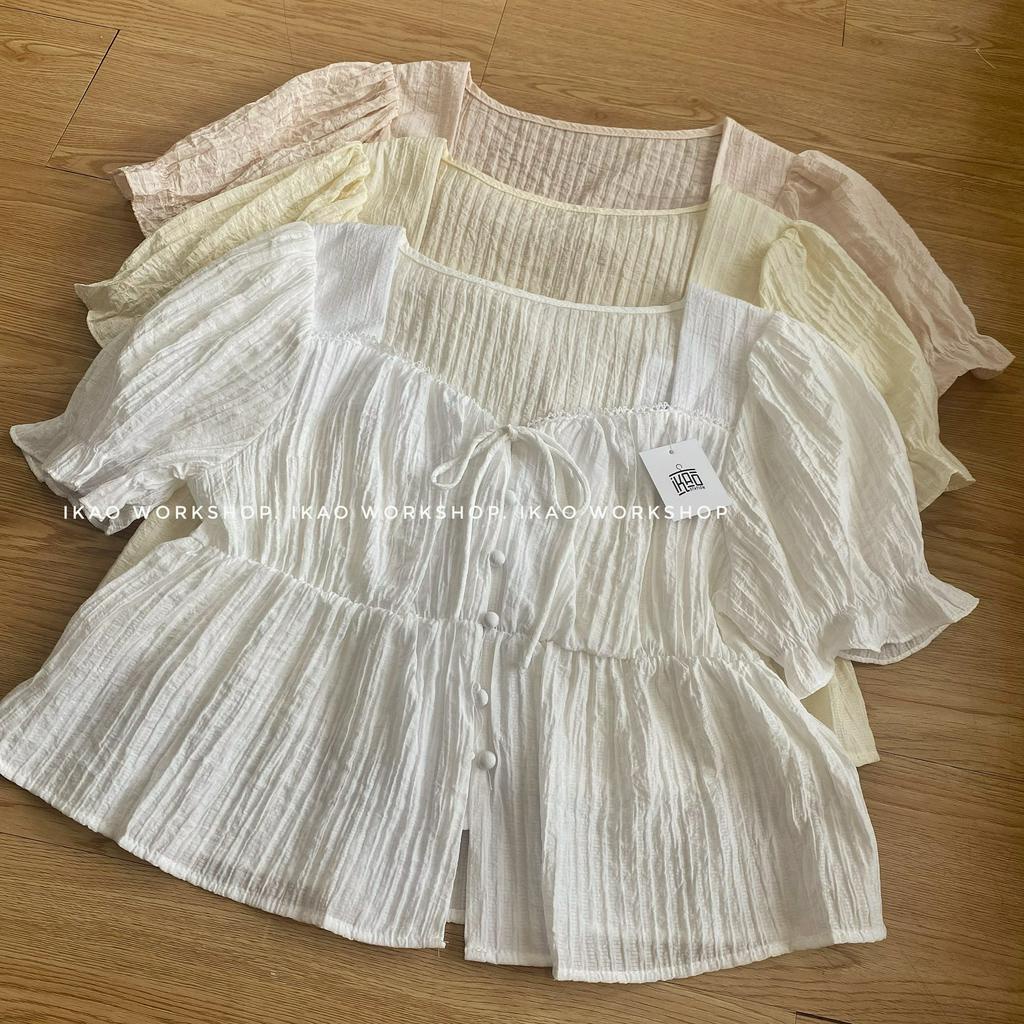 Áo Sơ Mi Cổ Vuông IKAO STATION Áo Sơ Mi Bèo Babydoll Dáng Vừa Tay Ngắn Chất Voan Gân Hàn Xinh Xắn Dễ Thương