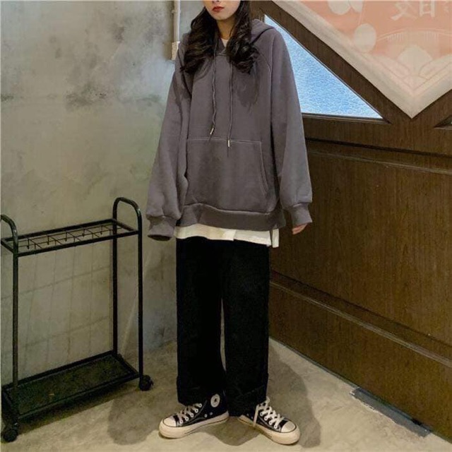 Áo Hoodie Basic Tay Dài Túi Bụng Màu Xám Khói