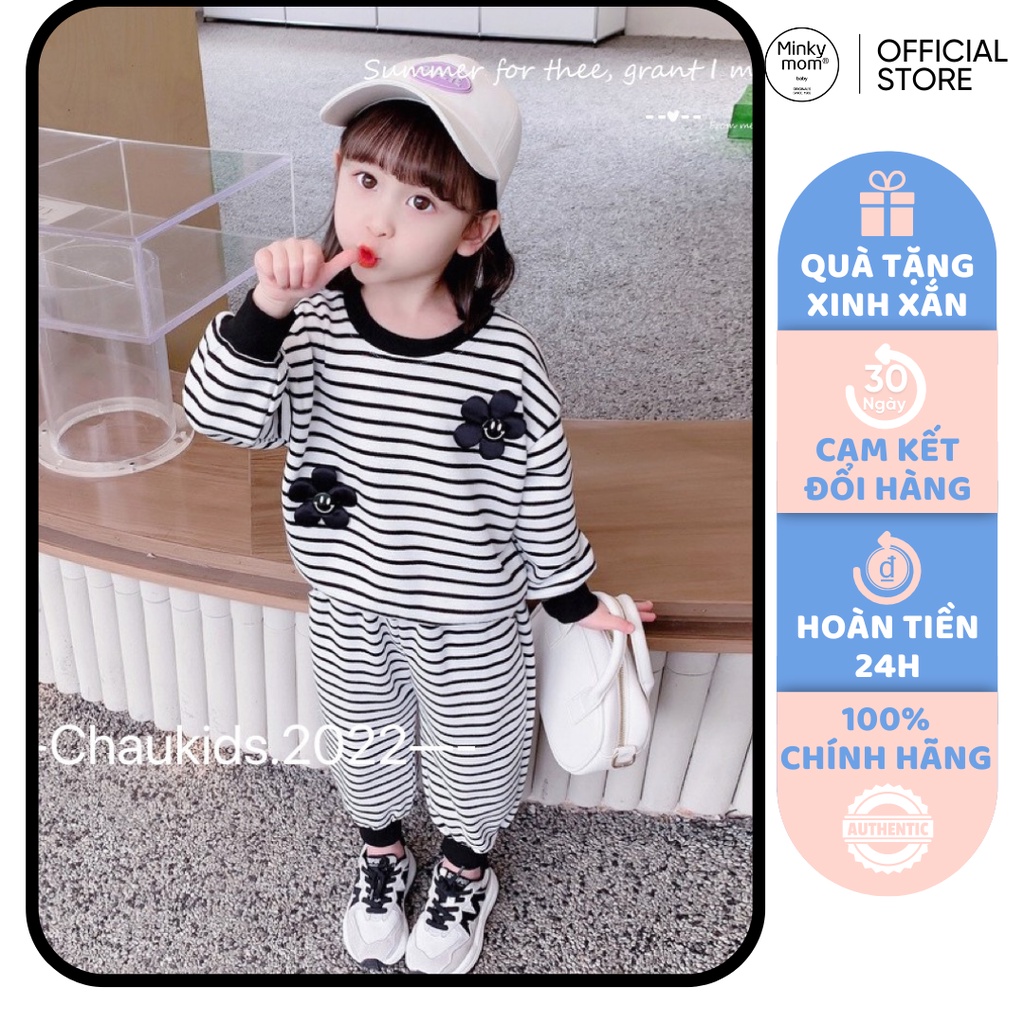[SALE] Bộ Dài Tay Bé Gái Vải Nỉ Da Cá Kẻ Sọc Đính Hoa, Bộ Quần Áo Cho Bé Mặc Nhà Thu Đông CKTD13