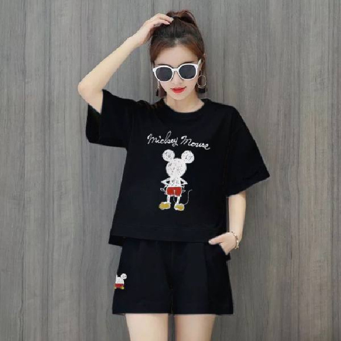 Set Đồ Thể Thao Plus Size / 40-150kg / 4 Món Tay Ngắn Dáng Rộng In Hình Chuột Mickey Cho Nữ