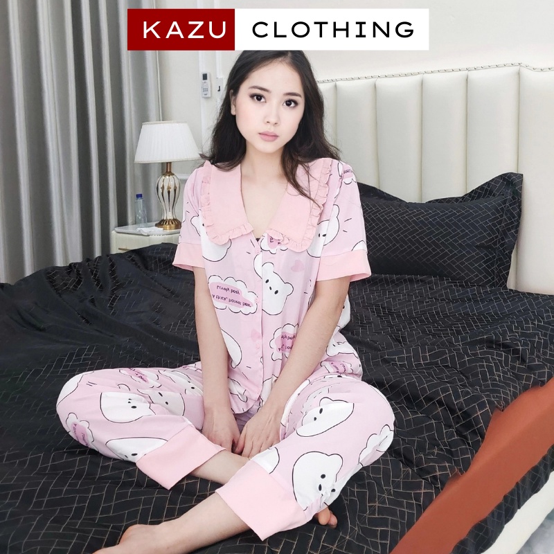 Pijama lụa cao cấp tay ngắn, quần dài chất liệu lụa Mango Hàn thoáng mát, thấm hút mồ hôi - KAZU