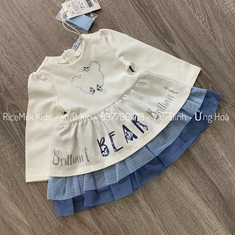 Váy đầm cho bé gái gấu bean màu xanh xuất dư xịn
