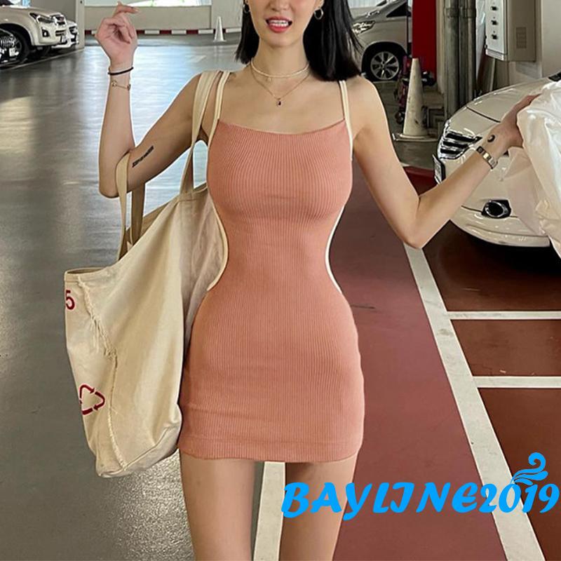 Đầm Hai Dây Hở Lưng Ôm Dáng Màu Sắc Tương Phản Dành Cho Nữ