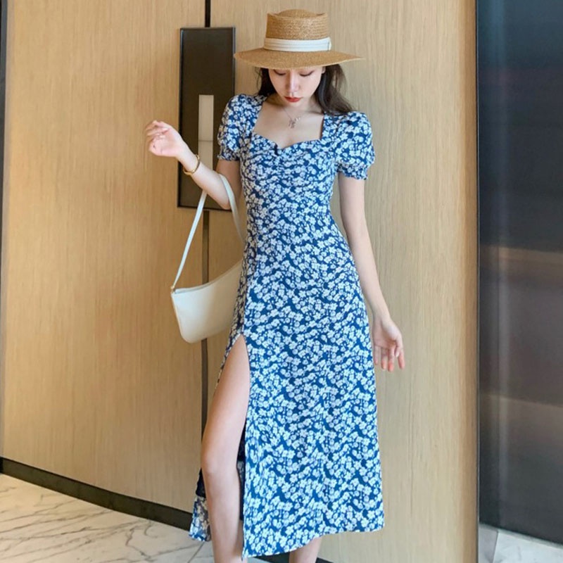 IELGYĐầm Hoa Cổ Vuông Dáng Ôm Xẻ Tà Phối Nút Thời Trang Hàn Quốc Cổ Điển