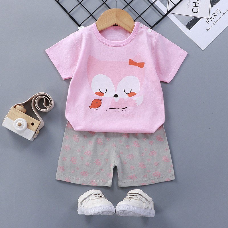 Đồ bộ cộc tay xuất Hàn cho bé trai, bé gái Cotton mát mịn in họa tiết con vật dễ thương