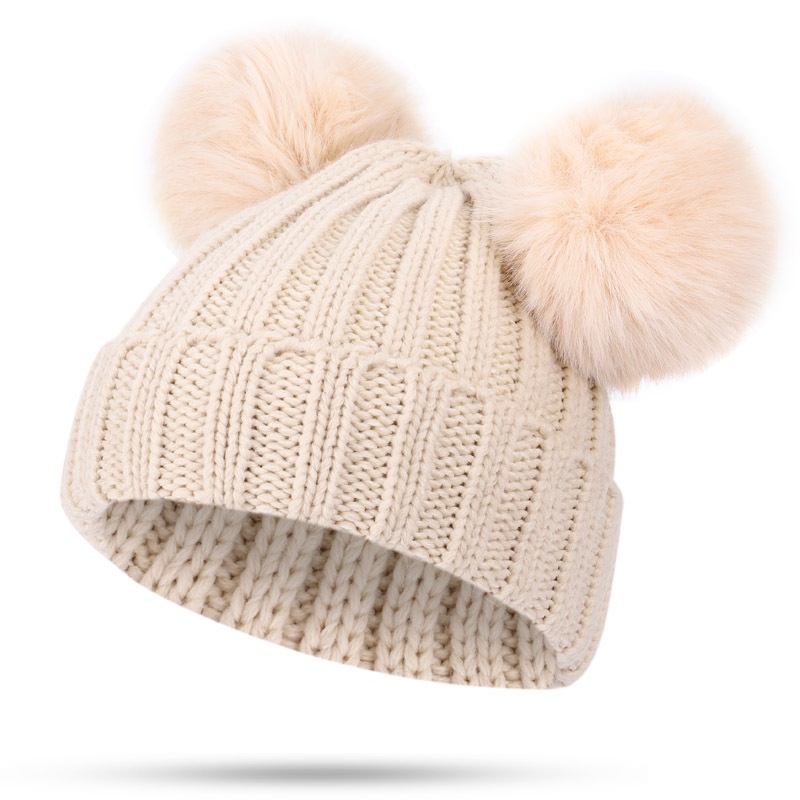 Dễ Thương Mũ Len Trùm Tai Giữ Ấm Màu Trơn Đính Quả Bông Xinh Xắn Cho Bé