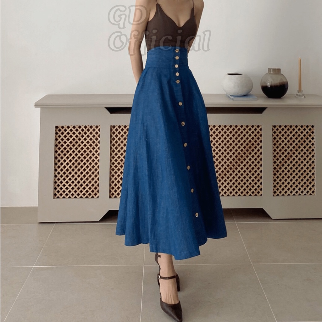 V3|Váy denim hàng cúc xòe lớn dáng dài cho nữ thanh lịch, công sở nhẹ nhàng màu xanh GD Official