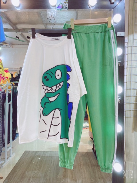 [GIÁ HUỶ  DIỆT]  Set áo khủng long + quần thun xanh 2 sọc unisex (ảnh thật )