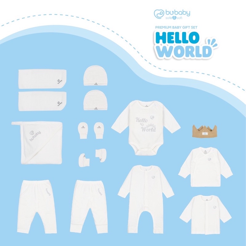 Set sơ sinh cao cấp Hello World Bu Baby - Set quà tặng newborn Hello World